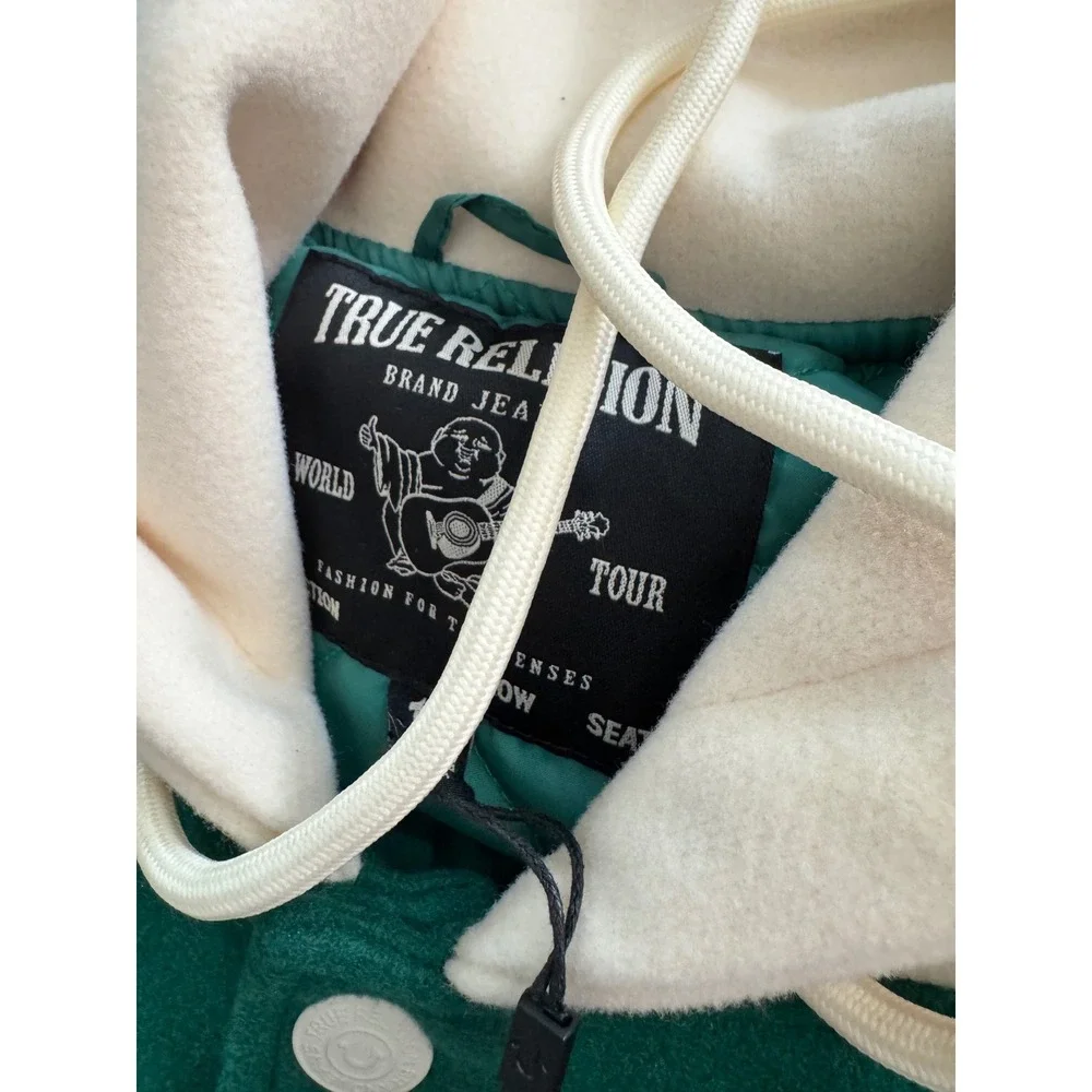 True Religion Retro Wool Varsity Jacket‎ Evergreen Winter White XXL 109636 NEW
